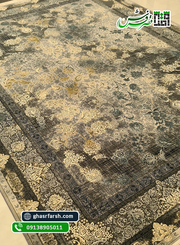 فرش شاهکار نقره ای ۱۲۰۰ شانه تراکم ۳۶۰۰ وینتیج - فرش کاشان
